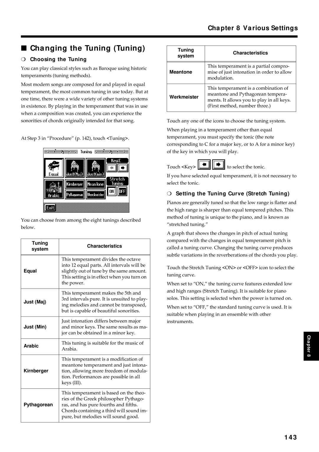 Roland KR7/5 owner manual Changing the Tuning Tuning, Various Settings, 143, Choosing the Tuning 