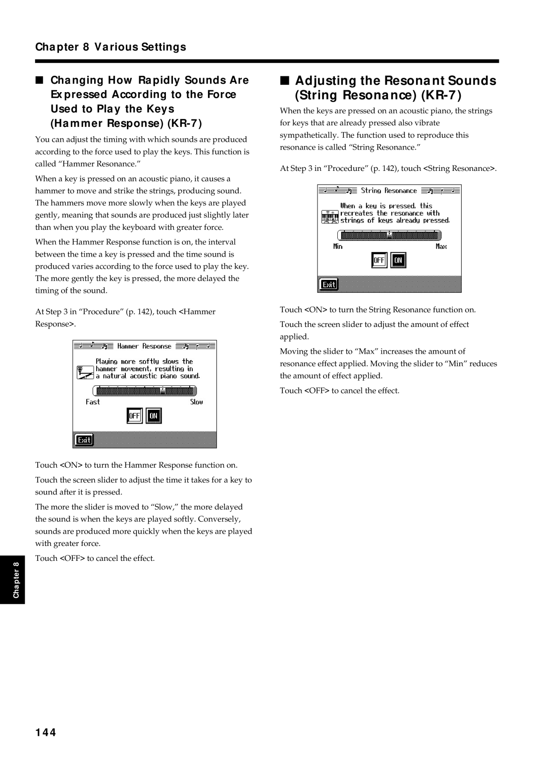 Roland KR7/5 owner manual Adjusting the Resonant Sounds String Resonance KR-7, 144 