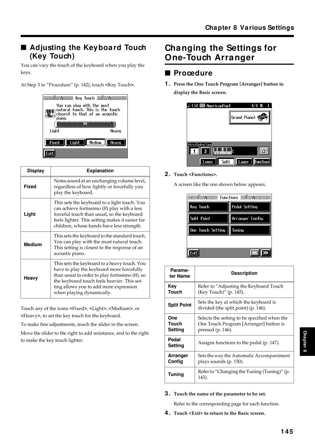 Roland KR7/5 owner manual Changing the Settings for One-Touch Arranger, Adjusting the Keyboard Touch Key Touch, 145 