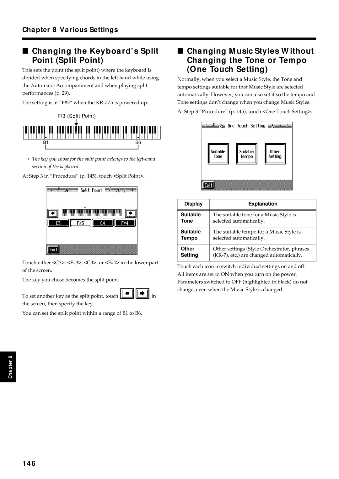 Roland KR7/5 owner manual Changing the Keyboard’s Split Point Split Point, 146, Display Explanation Suitable, Other 