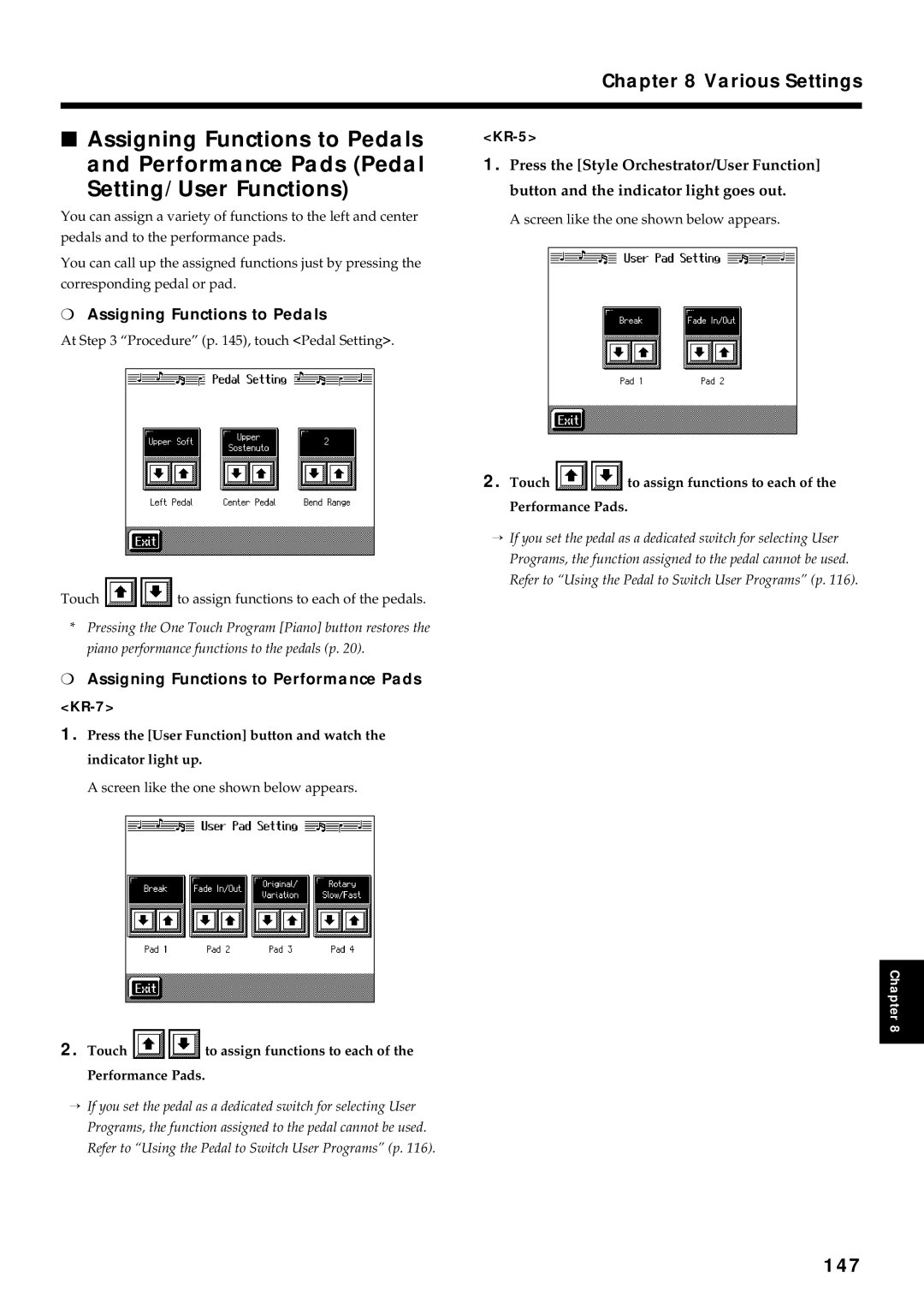 Roland KR7/5 owner manual 147, Assigning Functions to Pedals, Assigning Functions to Performance Pads, KR-7, KR-5 