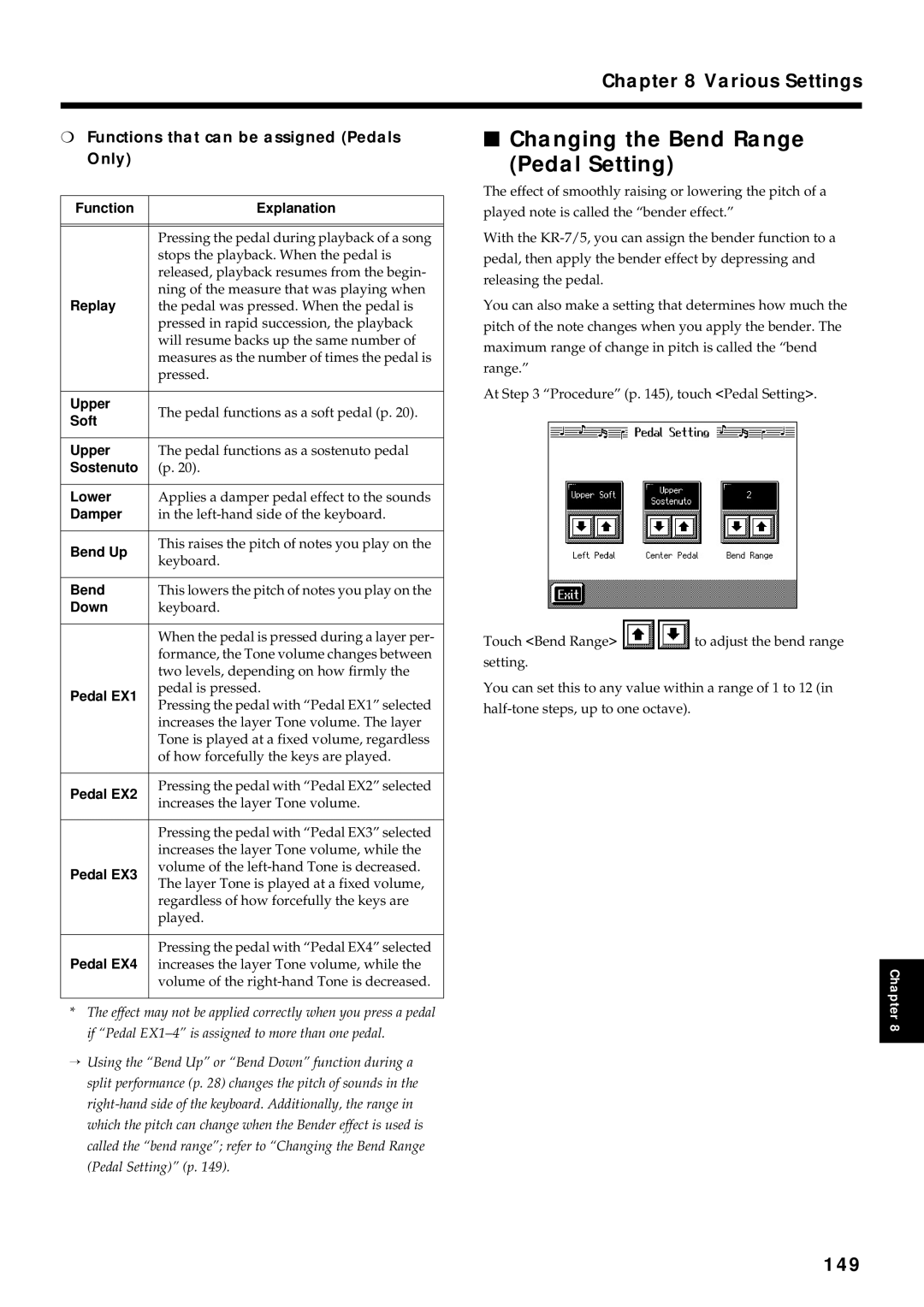 Roland KR7/5 owner manual Changing the Bend Range Pedal Setting, 149, Functions that can be assigned Pedals Only 