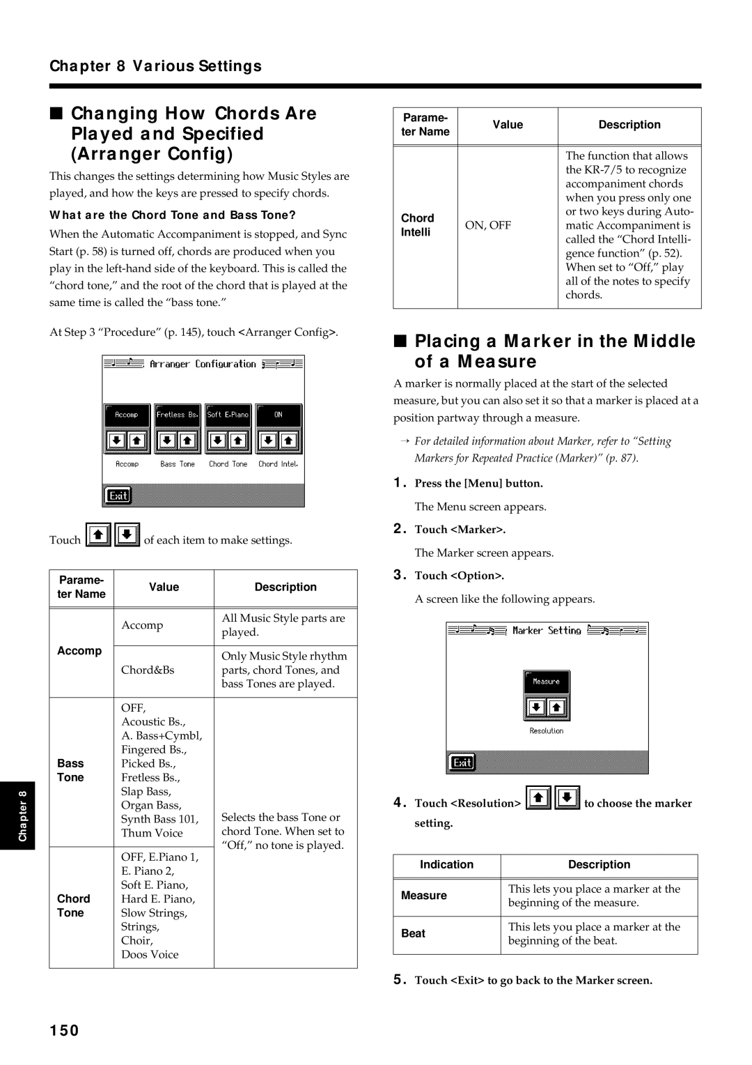 Roland KR7/5 owner manual Placing a Marker in the Middle A Measure, 150, What are the Chord Tone and Bass Tone? 