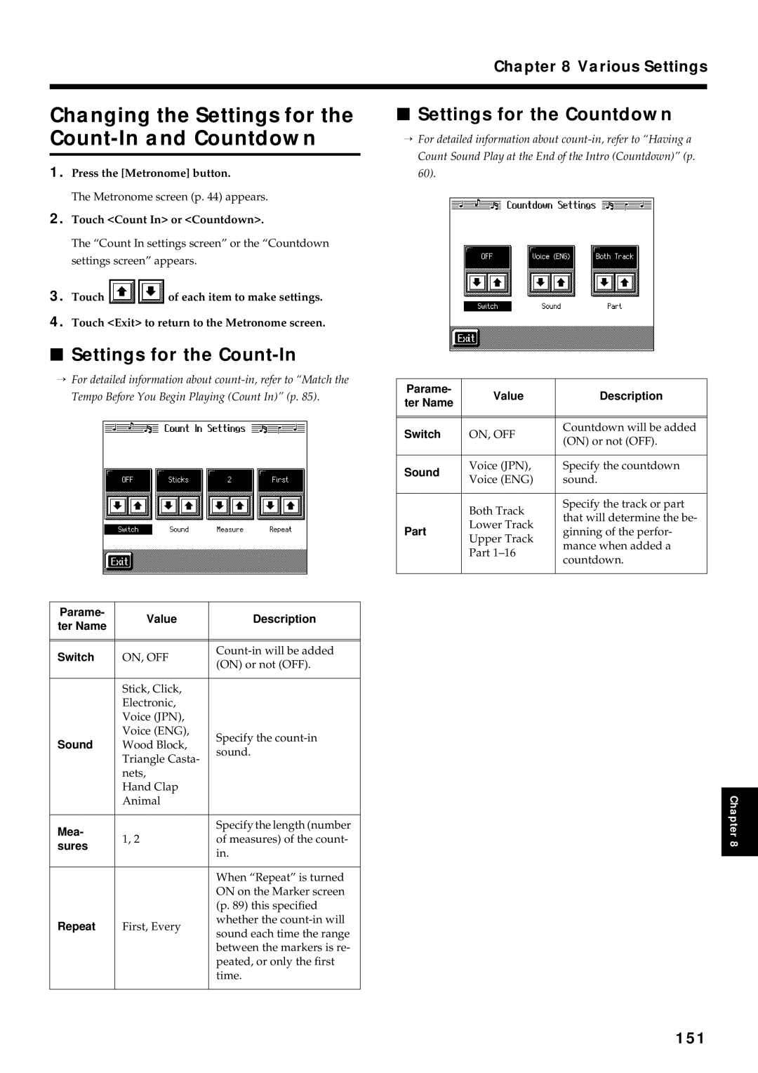 Roland KR7/5 owner manual Changing the Settings for the Count-In and Countdown, Settings for the Countdown, 151 