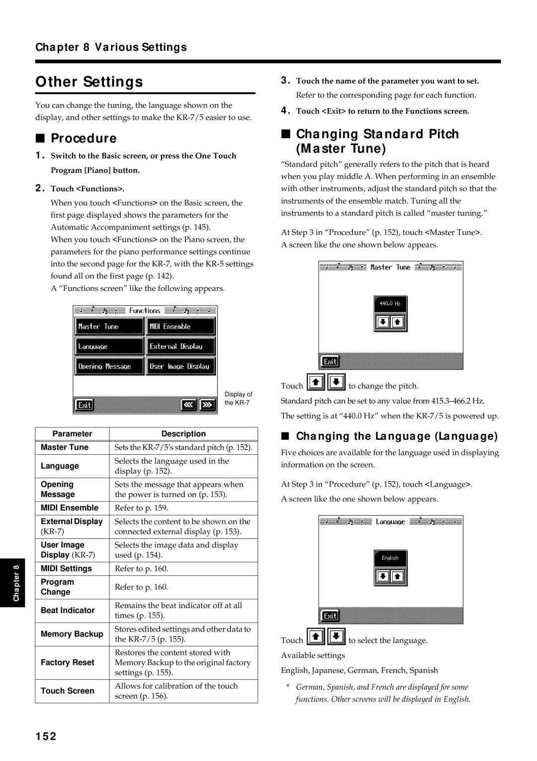 Roland KR7/5 owner manual Other Settings, Changing Standard Pitch Master Tune, Changing the Language Language, 152 