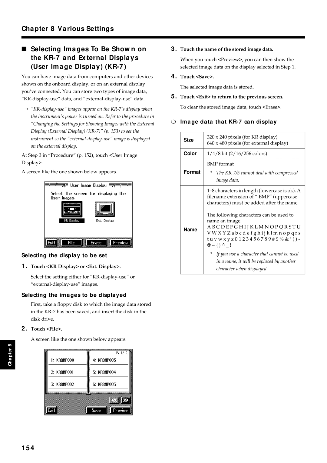 Roland KR7/5 154, Selecting the display to be set, Selecting the images to be displayed, Image data that KR-7 can display 