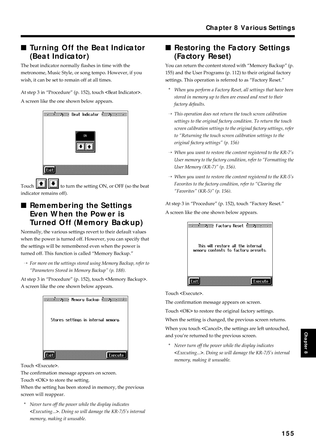 Roland KR7/5 owner manual Turning Off the Beat Indicator, Restoring the Factory Settings Factory Reset, 155 