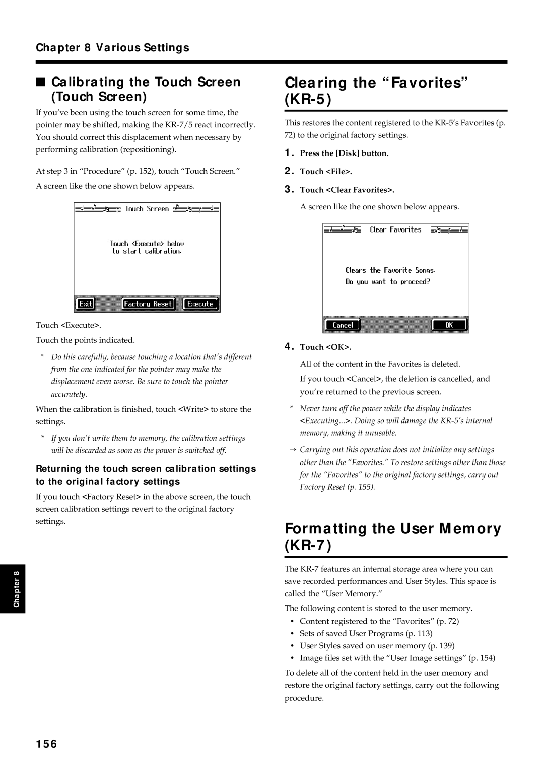 Roland KR7/5 owner manual Clearing the Favorites KR-5, Formatting the User Memory KR-7, Calibrating the Touch Screen, 156 