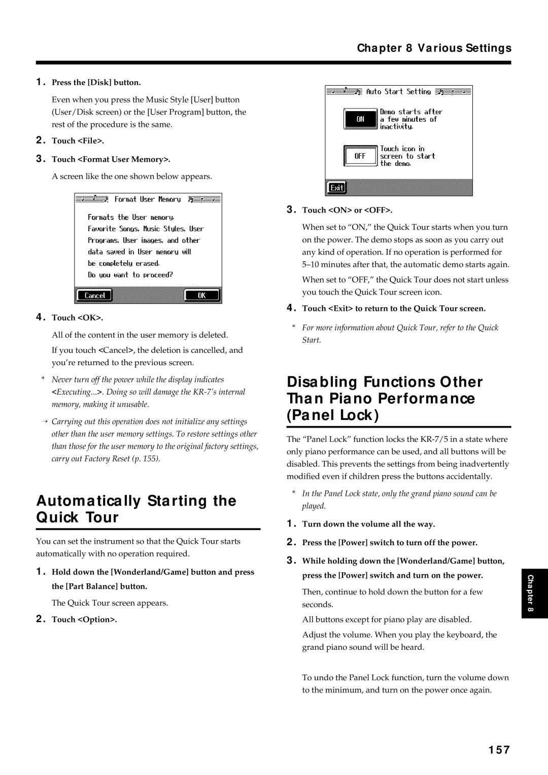 Roland KR7/5 Automatically Starting the Quick Tour, Disabling Functions Other Than Piano Performance Panel Lock, 157 