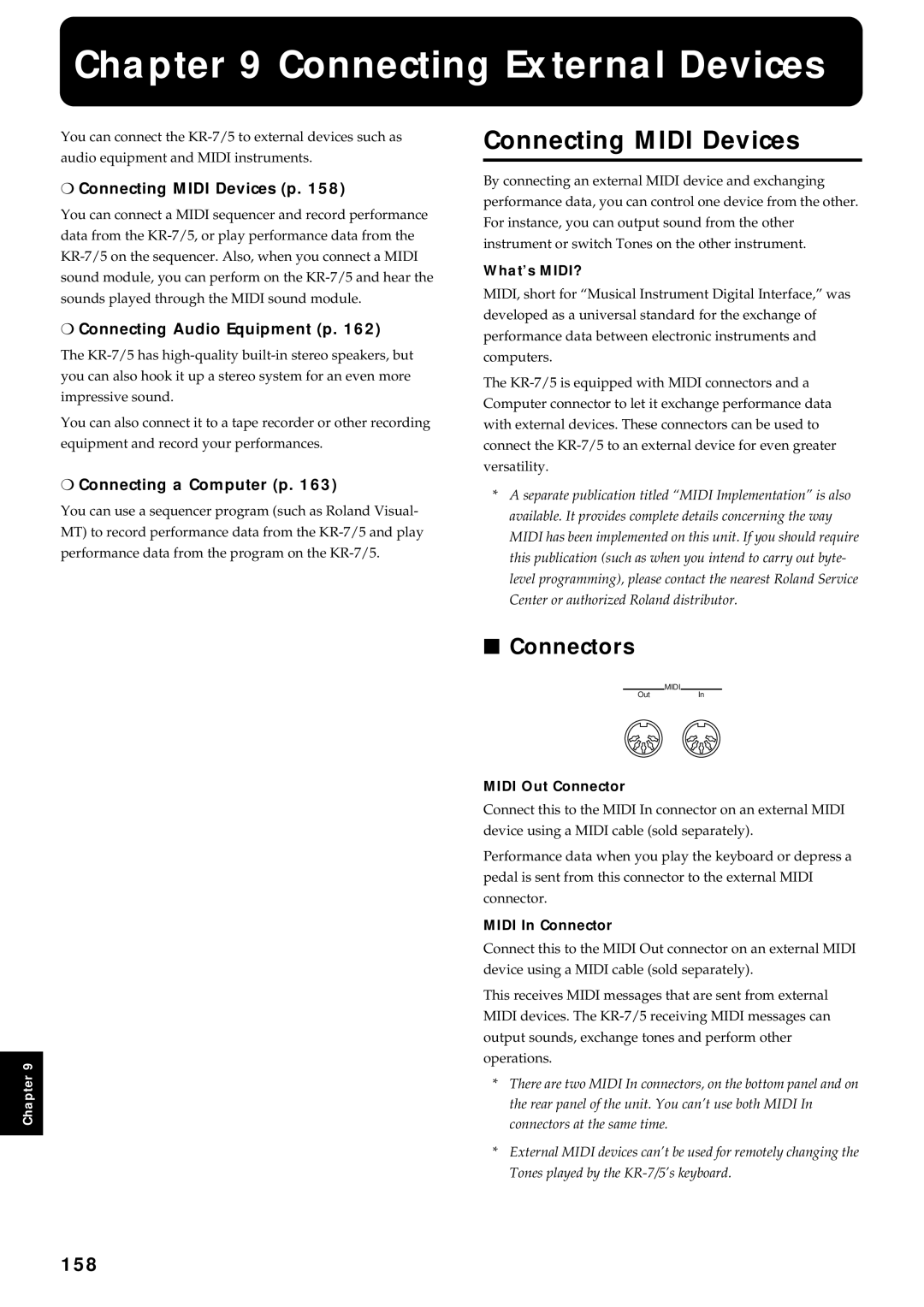 Roland KR7/5 owner manual Connecting External Devices, Connecting Midi Devices, Connectors, 158 