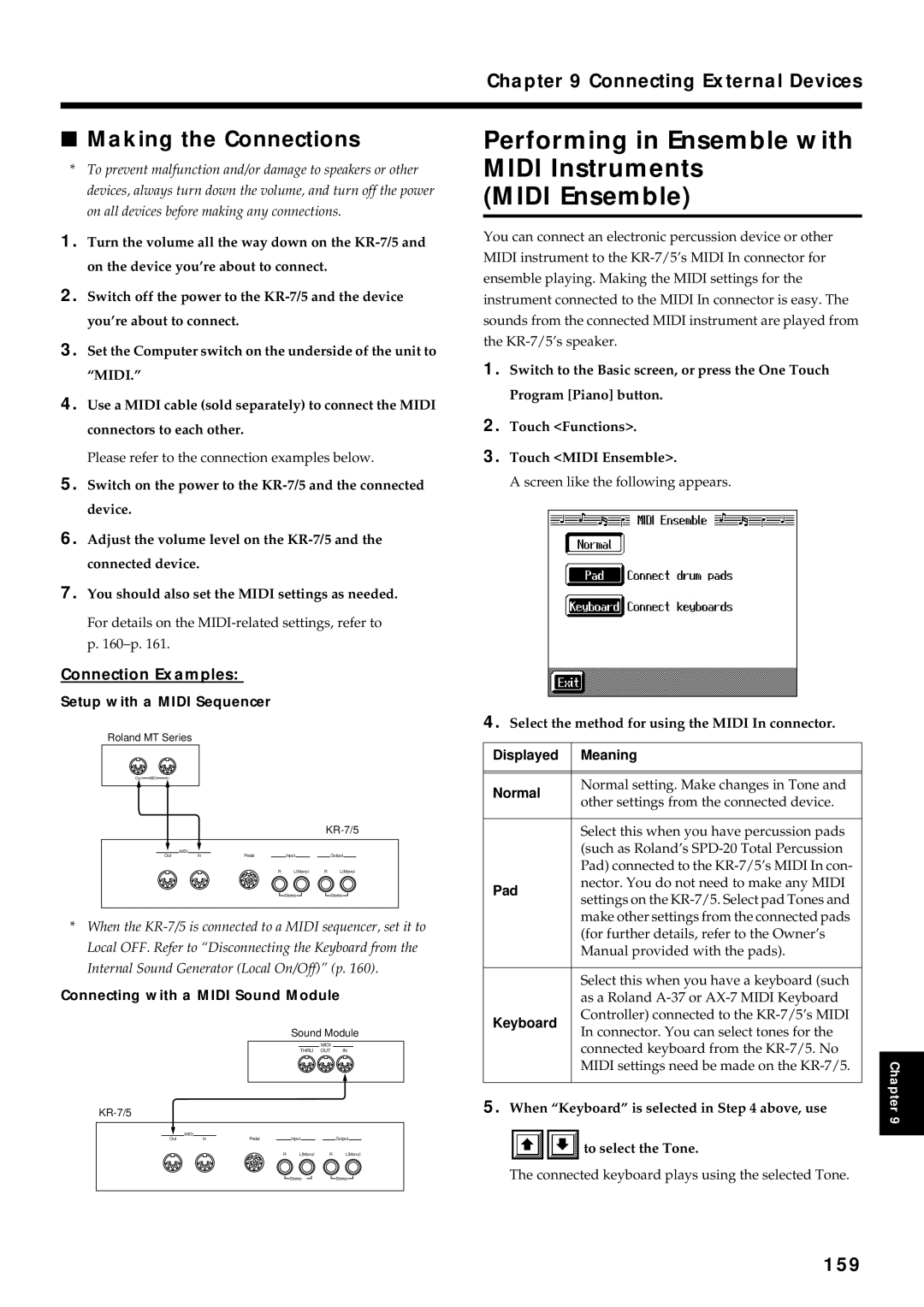 Roland KR7/5 owner manual Performing in Ensemble with Midi Instruments Midi Ensemble, Connecting External Devices, 159 