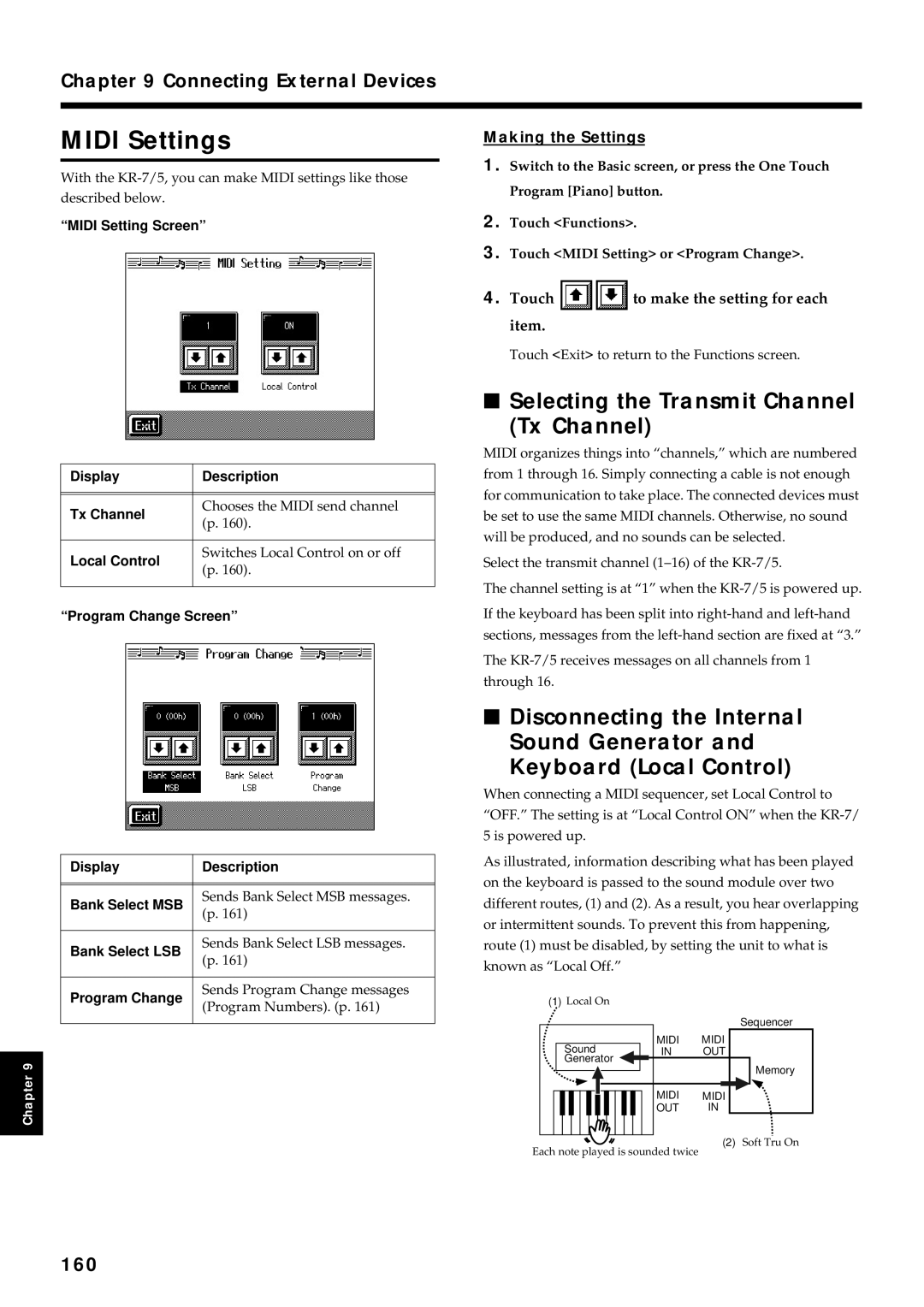 Roland KR7/5 Midi Settings, Selecting the Transmit Channel Tx Channel, 160, Touch to make the setting for each item 