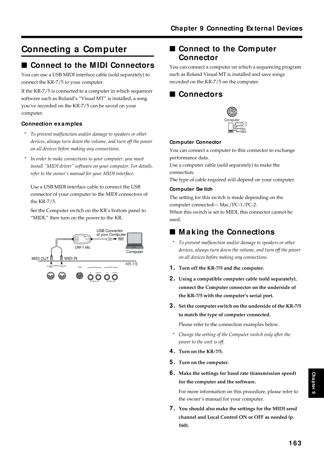 Roland KR7/5 owner manual Connecting a Computer, Connect to the Midi Connectors, Connect to the Computer Connector, 163 