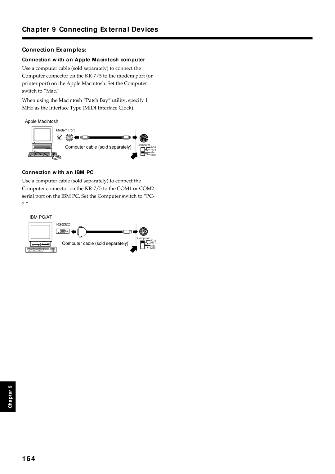 Roland KR7/5 owner manual 164, Connection with an Apple Macintosh computer, Connection with an IBM PC 