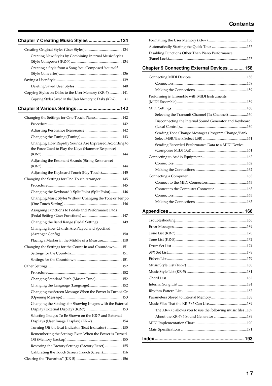 Roland KR7/5 owner manual Creating Music Styles, Various Settings, Connecting External Devices, Appendices, Index 