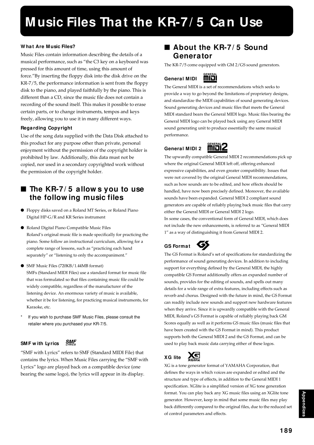 Roland KR7/5 owner manual Music Files That the KR-7/5 Can Use, KR-7/5 allows you to use the following music files, 189 