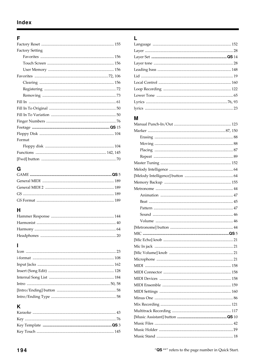 Roland KR7/5 owner manual Index, 194 