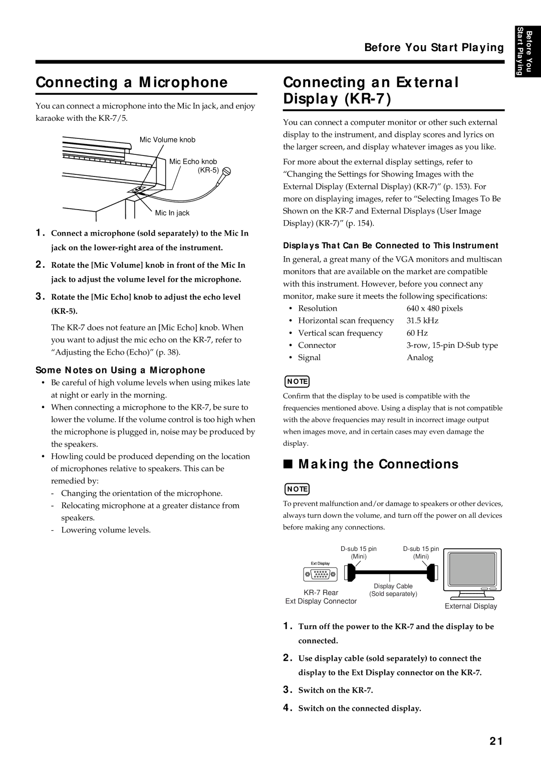 Roland KR7/5 owner manual Connecting a Microphone, Connecting an External Display KR-7, Making the Connections 