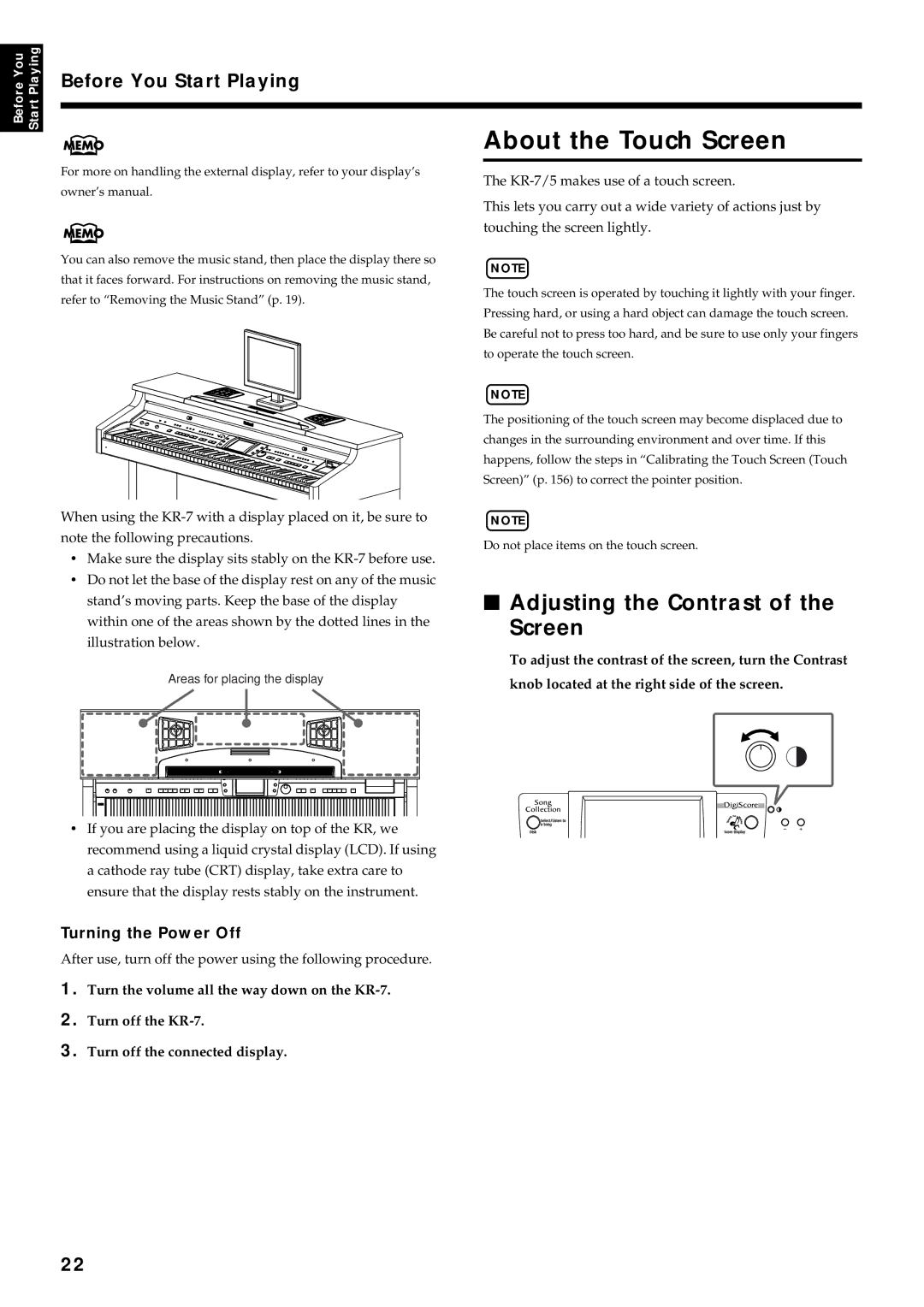 Roland KR7/5 owner manual About the Touch Screen, Adjusting the Contrast of the Screen, Turning the Power Off 