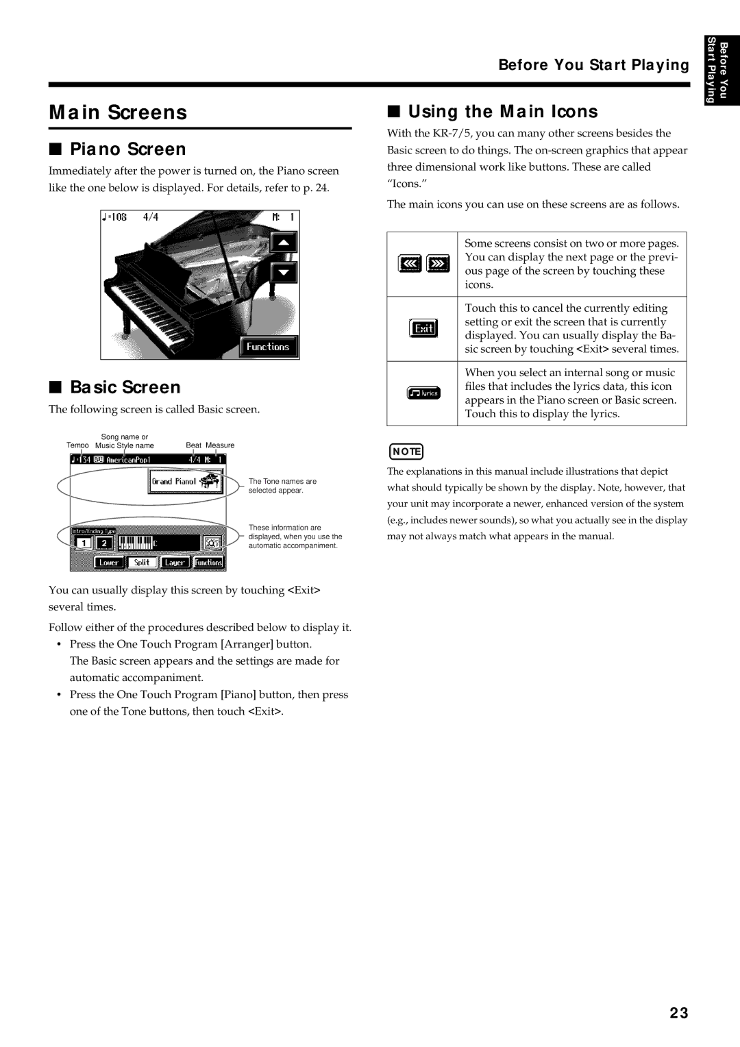 Roland KR7/5 owner manual Main Screens, Piano Screen, Basic Screen, Using the Main Icons 