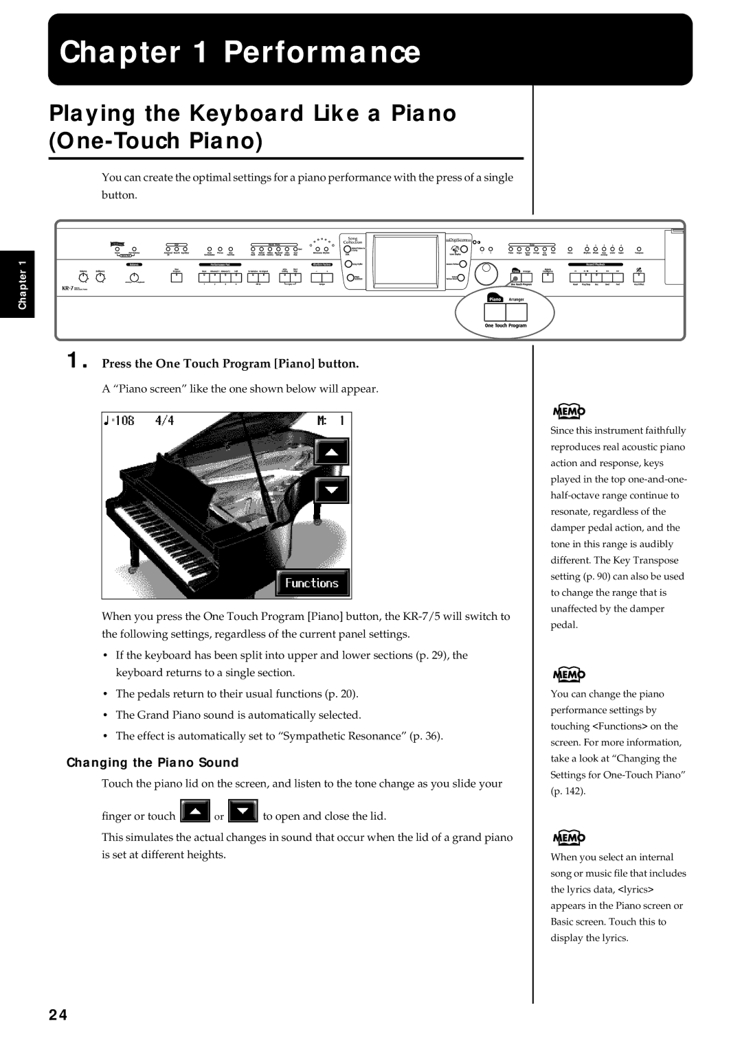 Roland KR7/5 Performance, Playing the Keyboard Like a Piano One-Touch Piano, Press the One Touch Program Piano button 