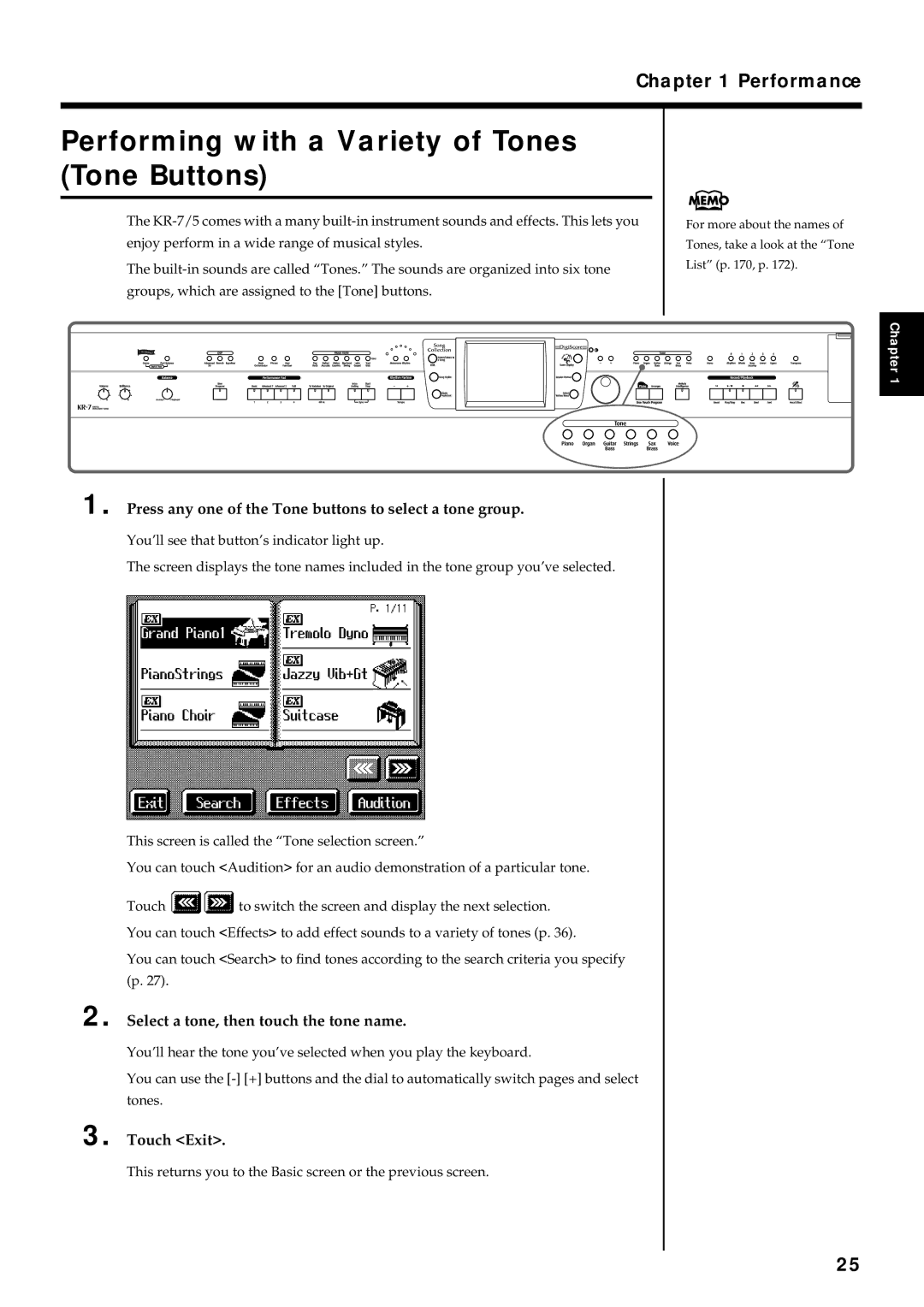 Roland KR7/5 Performing with a Variety of Tones Tone Buttons, Performance, Select a tone, then touch the tone name 