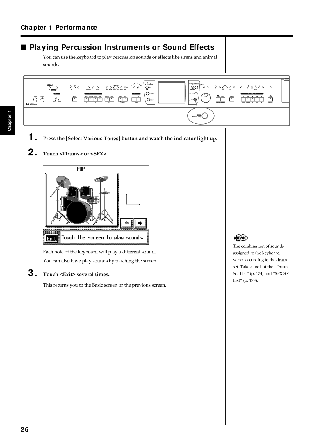 Roland KR7/5 owner manual Playing Percussion Instruments or Sound Effects, Touch Exit several times 