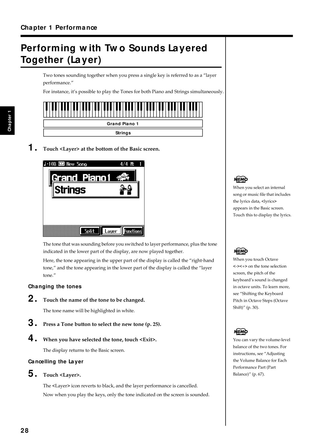 Roland KR7/5 owner manual Performing with Two Sounds Layered Together Layer, Changing the tones, Cancelling the Layer 