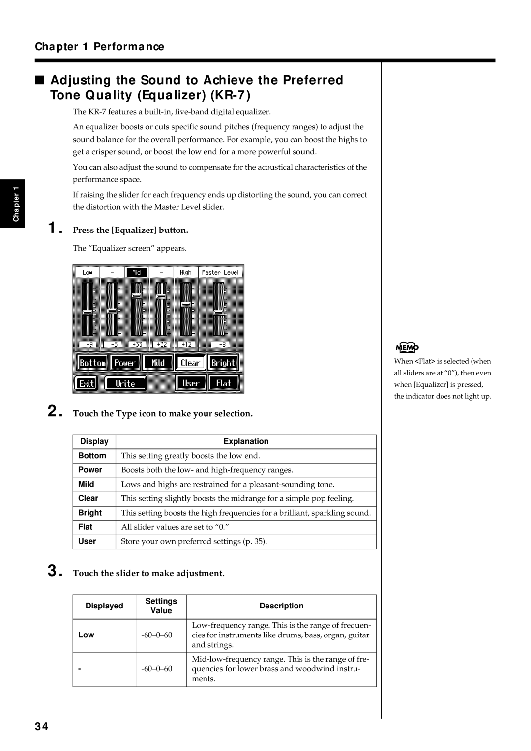 Roland KR7/5 Press the Equalizer button, Touch the Type icon to make your selection, Touch the slider to make adjustment 