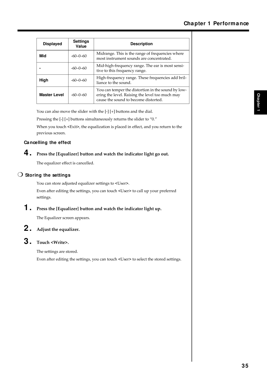 Roland KR7/5 owner manual Storing the settings, Press the Equalizer button and watch the indicator light up 