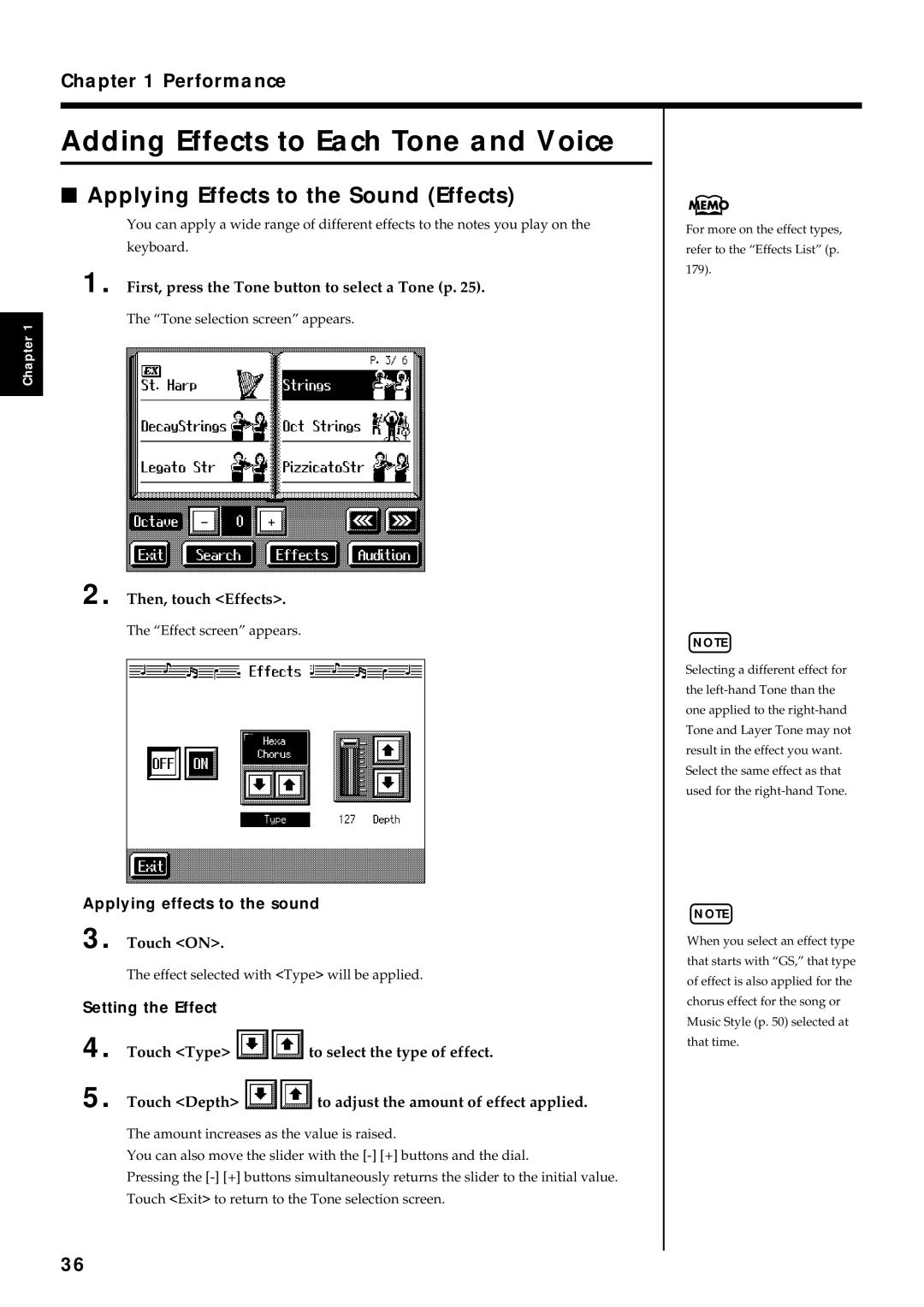 Roland KR7/5 Adding Effects to Each Tone and Voice, Applying Effects to the Sound Effects, Applying effects to the sound 