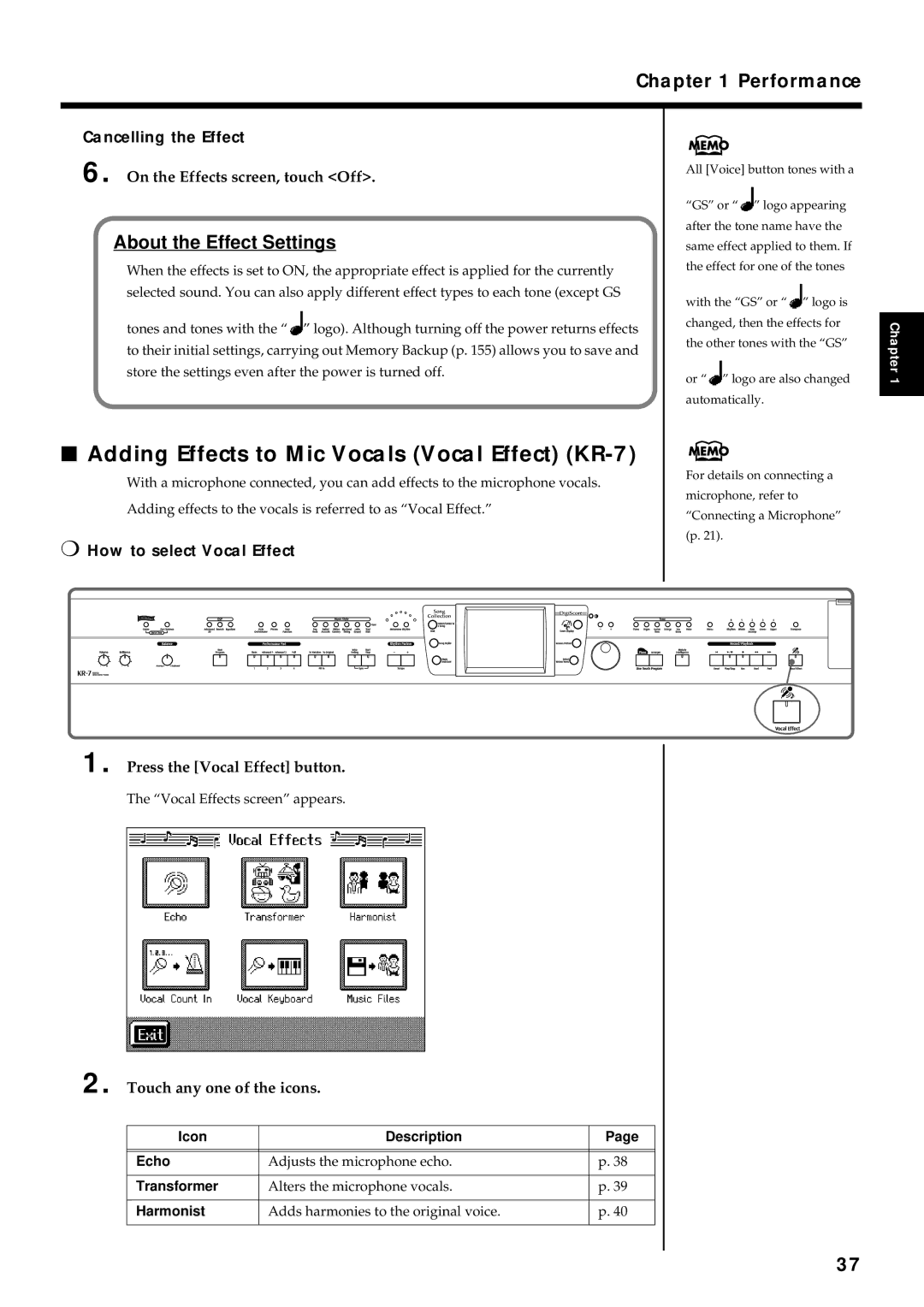 Roland KR7/5 Adding Effects to Mic Vocals Vocal Effect KR-7, On the Effects screen, touch Off, How to select Vocal Effect 