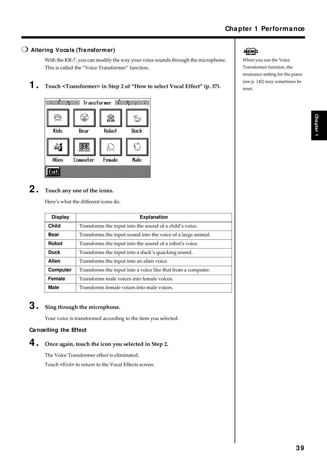 Roland KR7/5 owner manual Altering Vocals Transformer, Touch Transformer in of How to select Vocal Effect p 