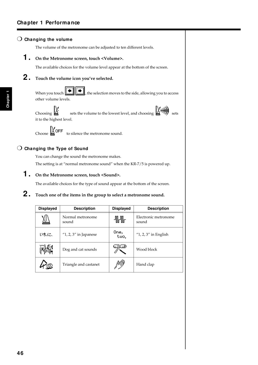 Roland KR7/5 owner manual Changing the volume, On the Metronome screen, touch Volume, Touch the volume icon you’ve selected 