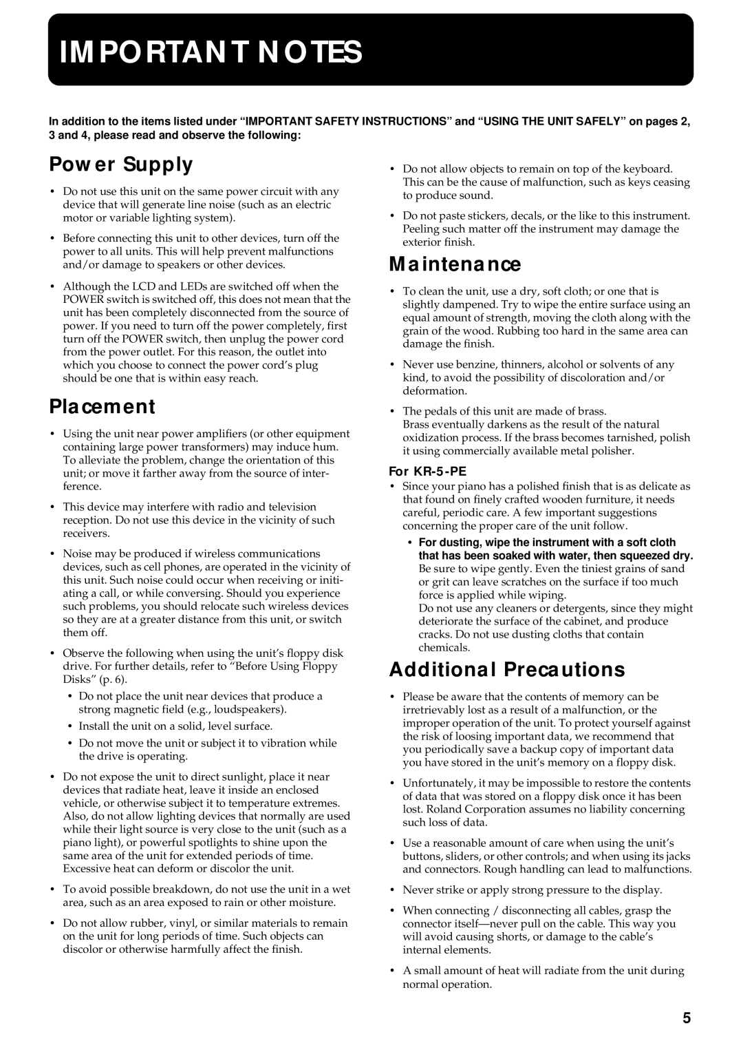 Roland KR7/5 owner manual Power Supply, Placement, Maintenance, Additional Precautions, For KR-5-PE 