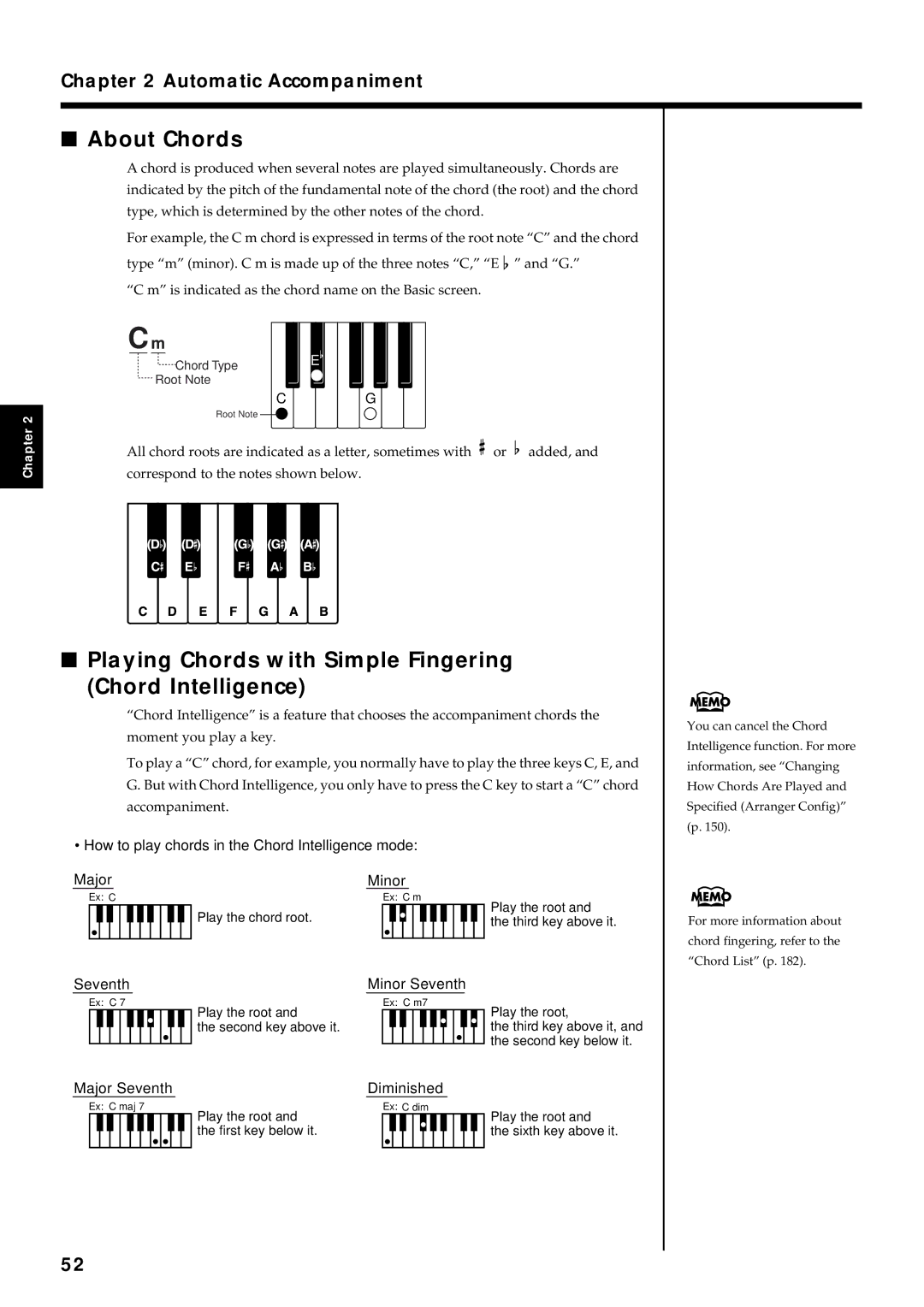 Roland KR7/5 owner manual About Chords, Playing Chords with Simple Fingering Chord Intelligence 