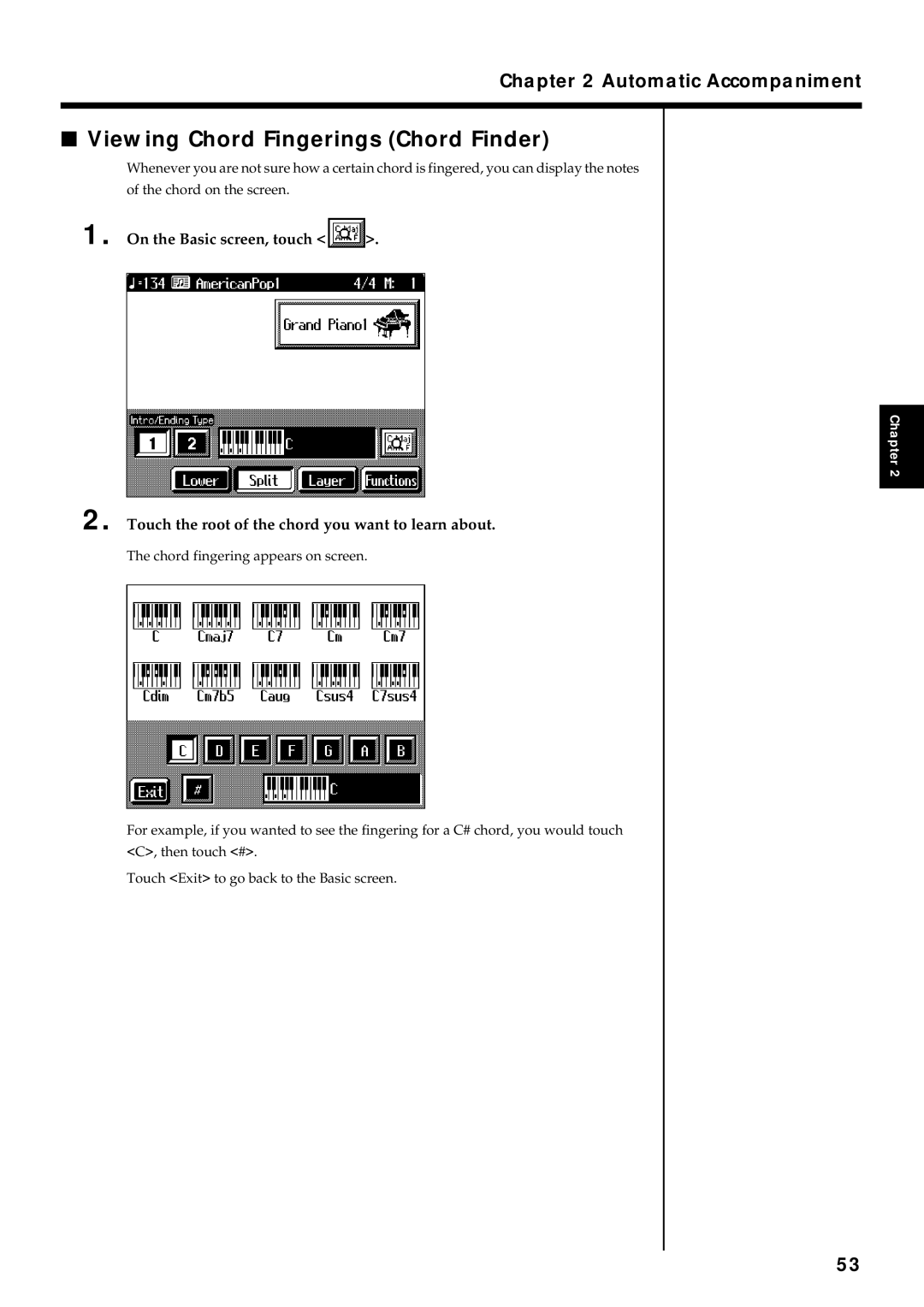 Roland KR7/5 owner manual Viewing Chord Fingerings Chord Finder, On the Basic screen, touch 