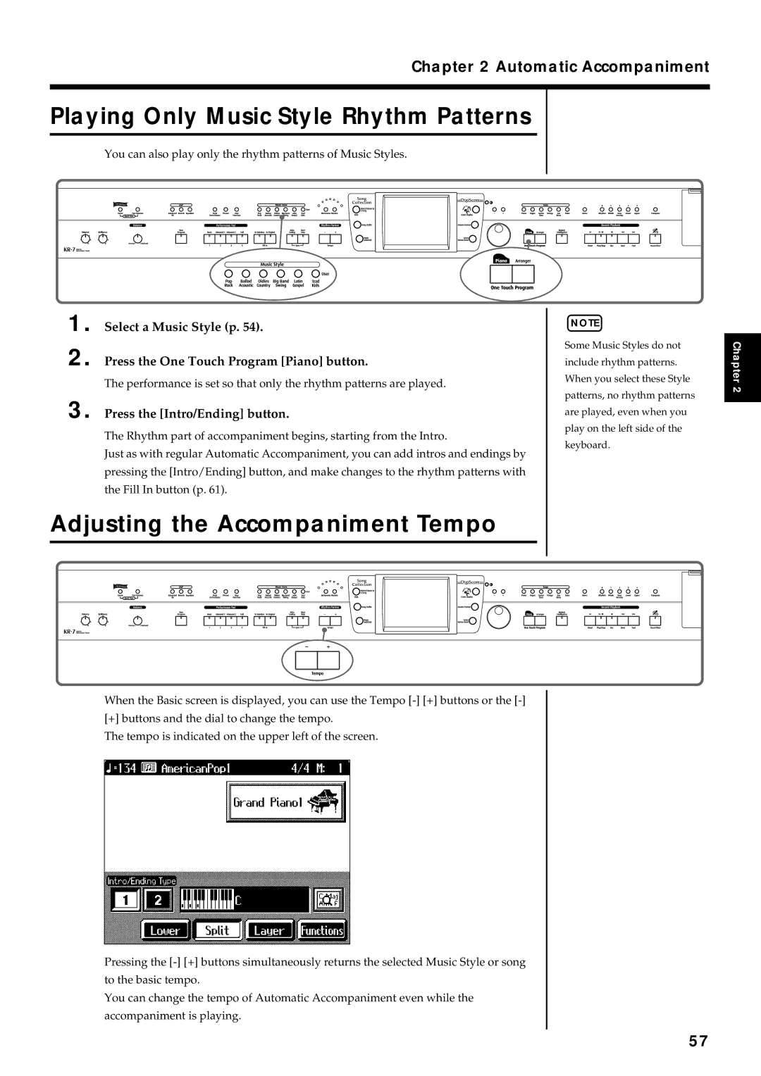 Roland KR7/5 Playing Only Music Style Rhythm Patterns, Adjusting the Accompaniment Tempo, Select a Music Style p 