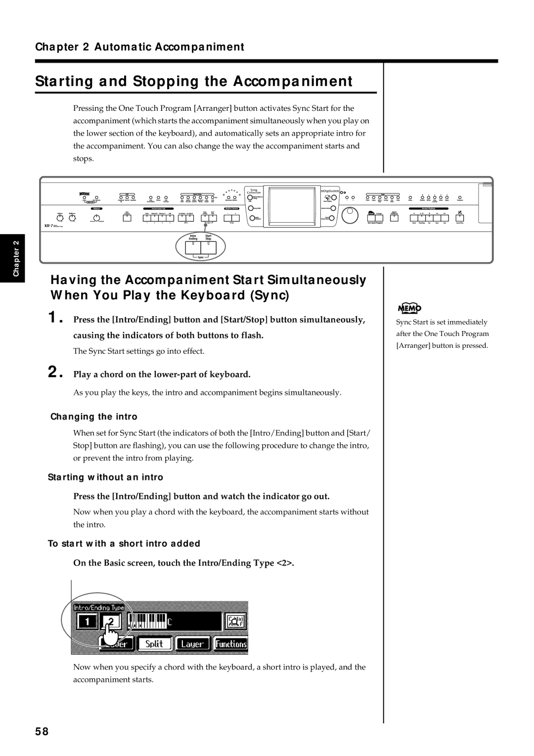 Roland KR7/5 owner manual Starting and Stopping the Accompaniment, Changing the intro, Starting without an intro 