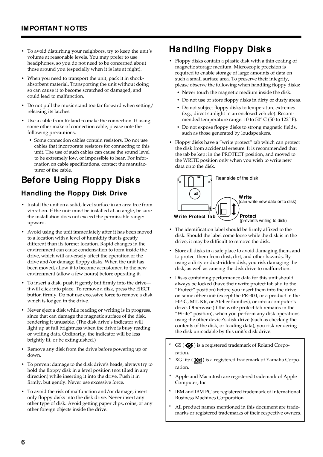 Roland KR7/5 owner manual Before Using Floppy Disks, Handling Floppy Disks, Handling the Floppy Disk Drive 