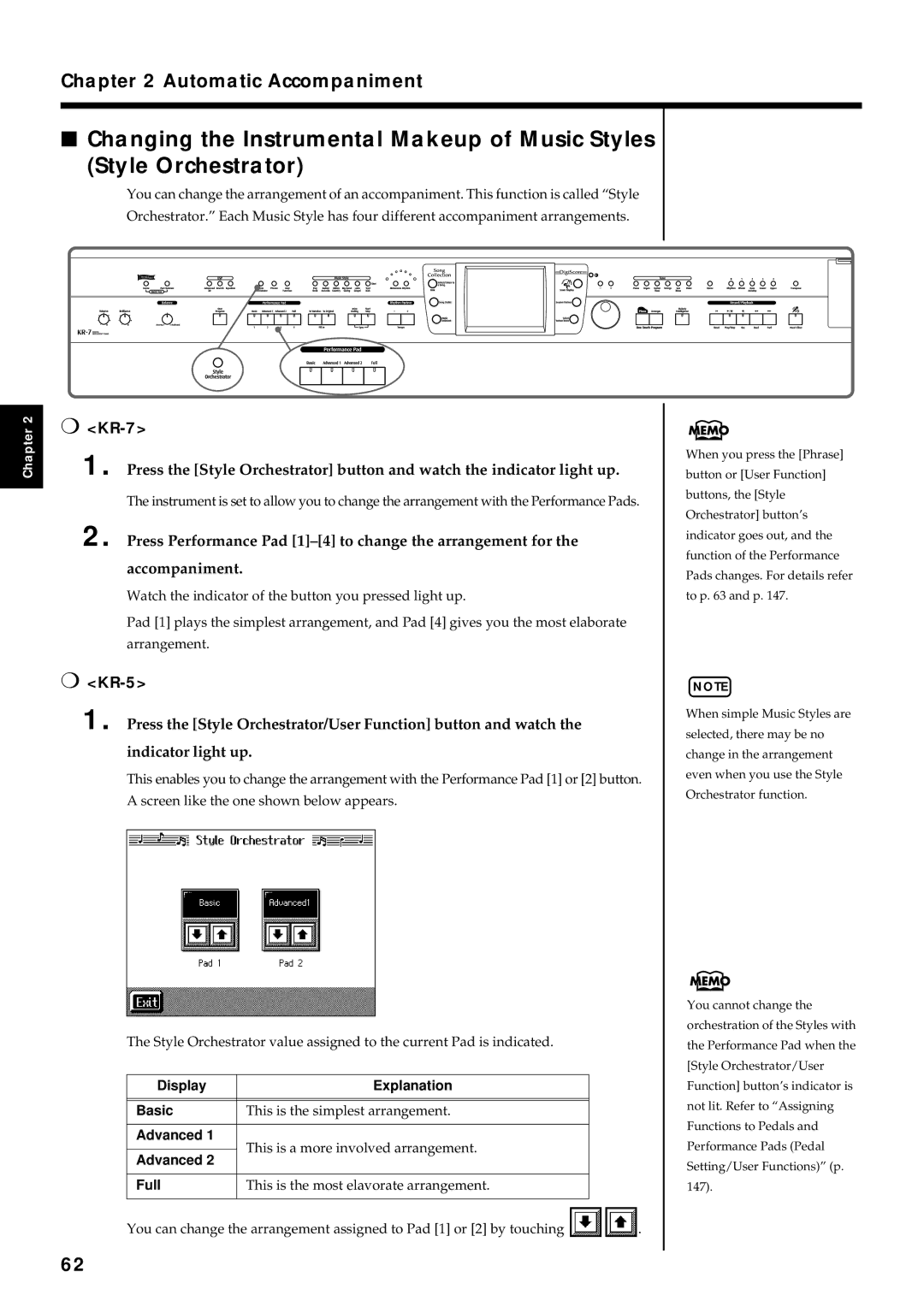 Roland KR7/5 owner manual KR-7, KR-5, Display Explanation Basic, Advanced, Full 