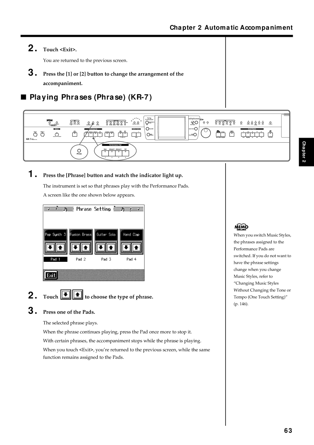 Roland KR7/5 owner manual Playing Phrases Phrase KR-7, Press the Phrase button and watch the indicator light up 