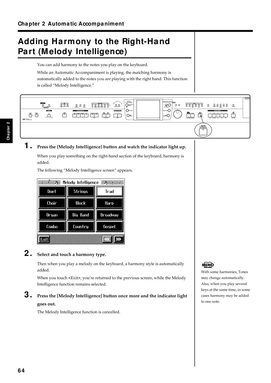 Roland KR7/5 Adding Harmony to the Right-Hand Part Melody Intelligence, Select and touch a harmony type, Goes out 