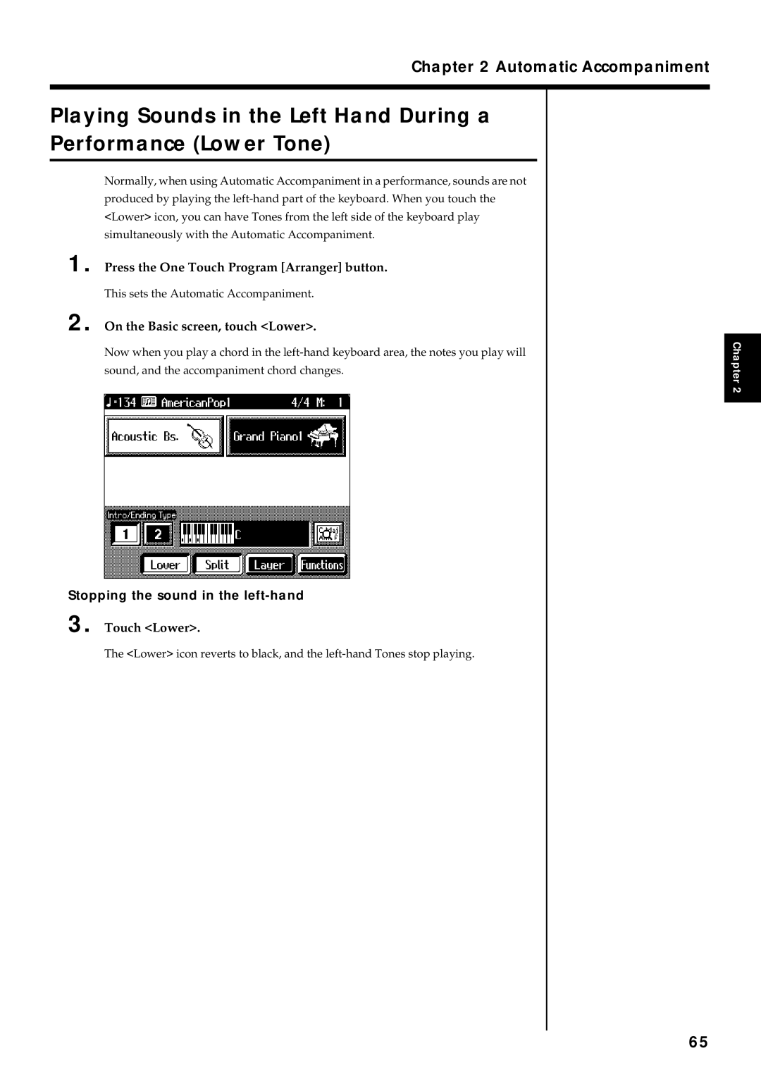 Roland KR7/5 owner manual On the Basic screen, touch Lower, Stopping the sound in the left-hand, Touch Lower 