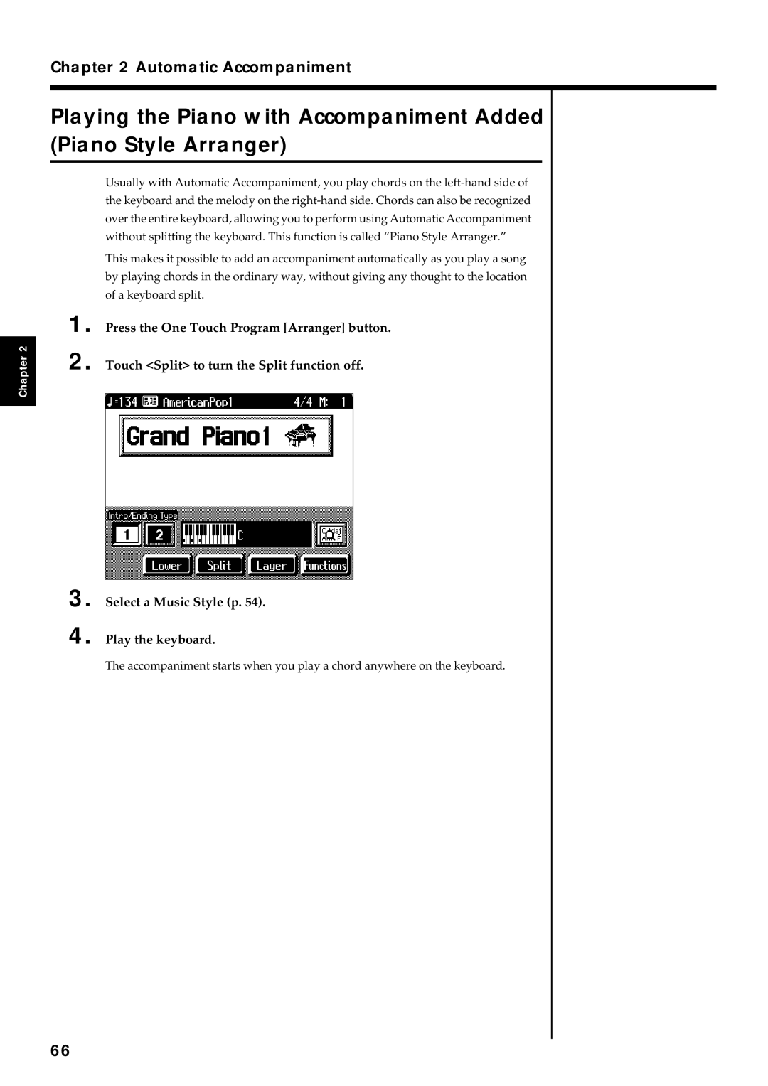 Roland KR7/5 owner manual Touch Split to turn the Split function off, Select a Music Style p Play the keyboard 