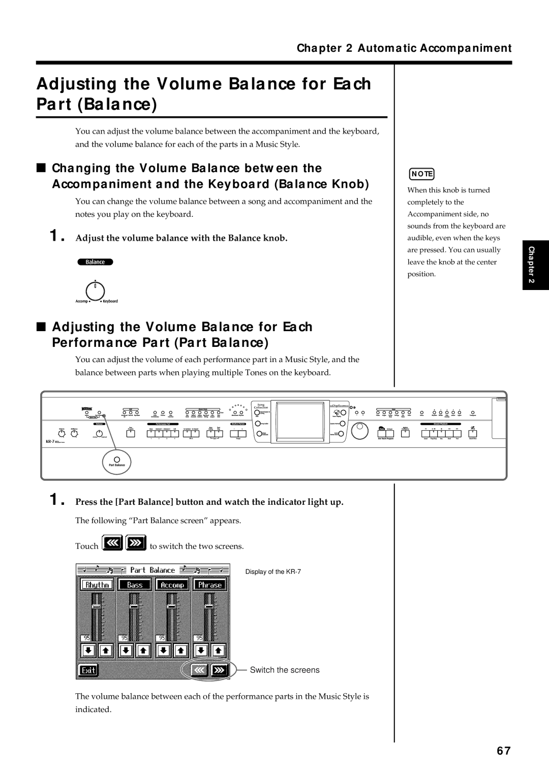 Roland KR7/5 Adjusting the Volume Balance for Each Part Balance, Adjust the volume balance with the Balance knob 