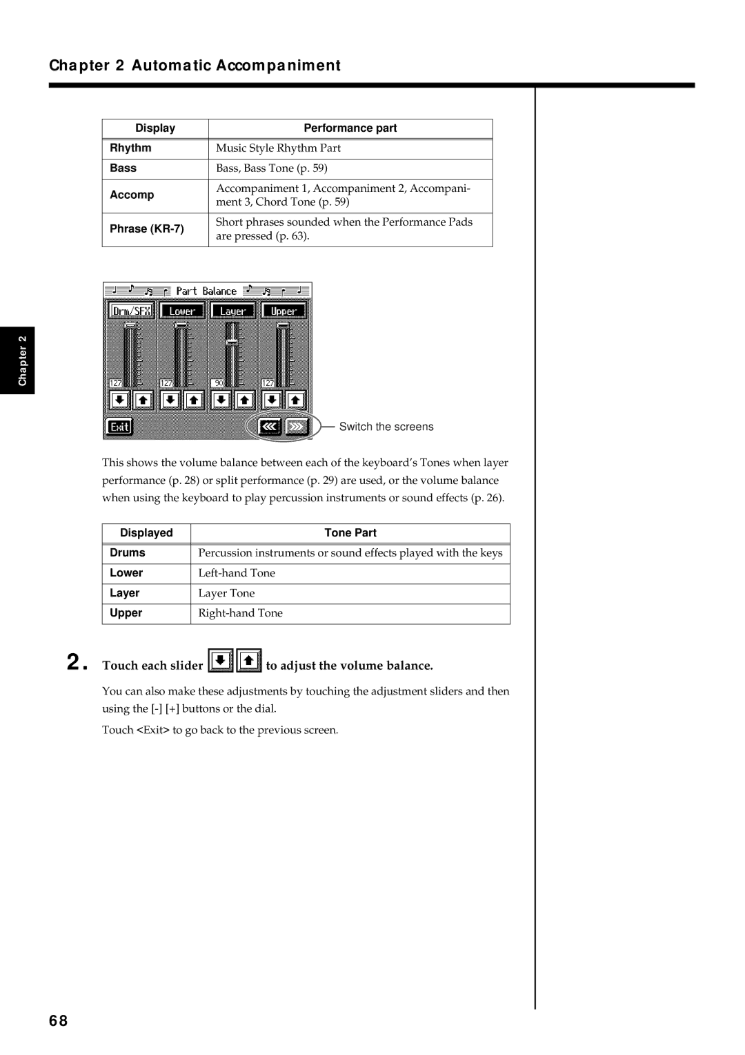 Roland KR7/5 owner manual Touch each slider to adjust the volume balance 