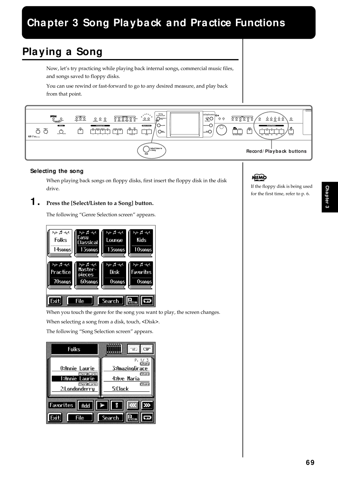 Roland KR7/5 owner manual Playing a Song, Selecting the song, Press the Select/Listen to a Song button 