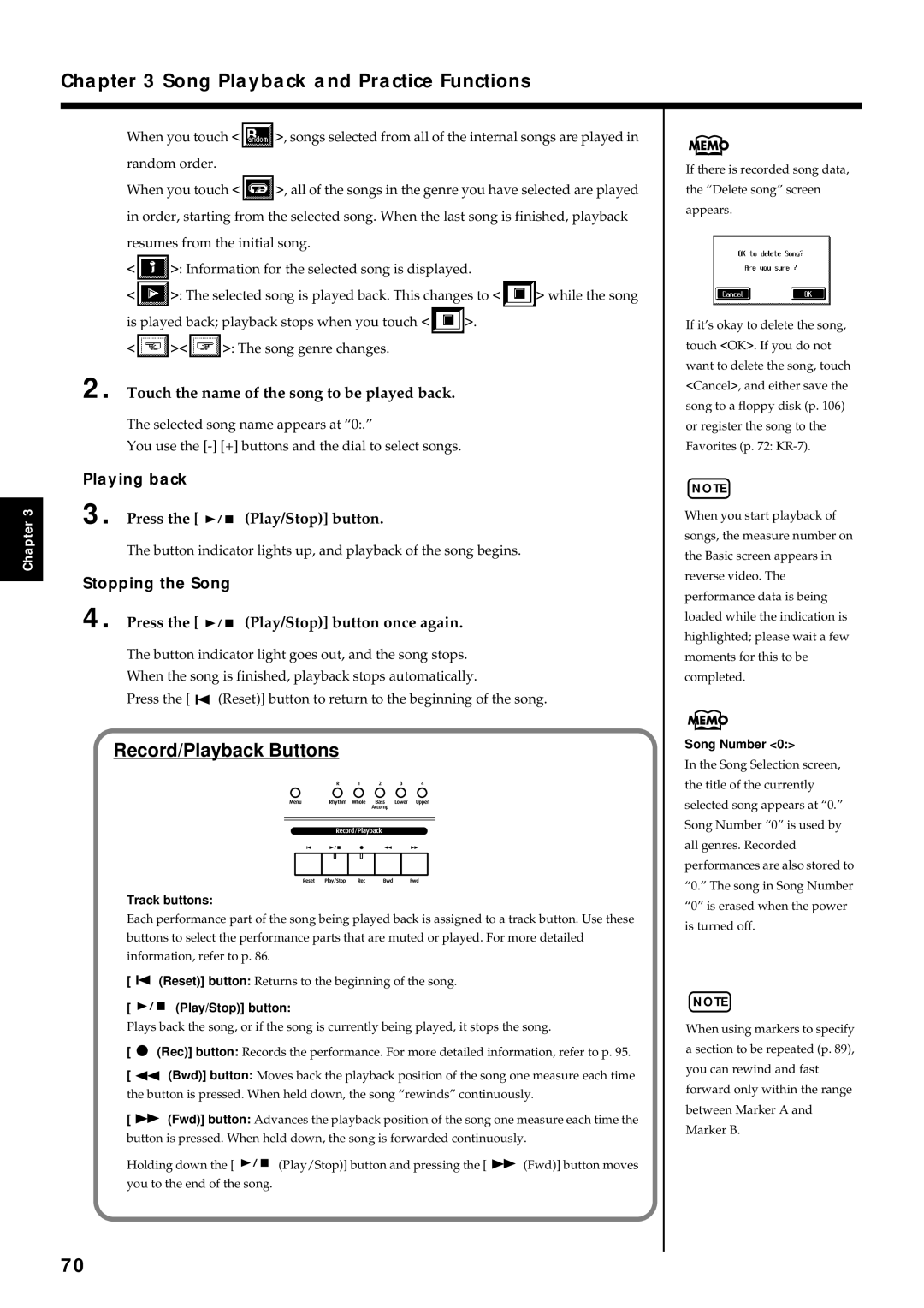 Roland KR7/5 owner manual Song Playback and Practice Functions, Playing back, Stopping the Song 