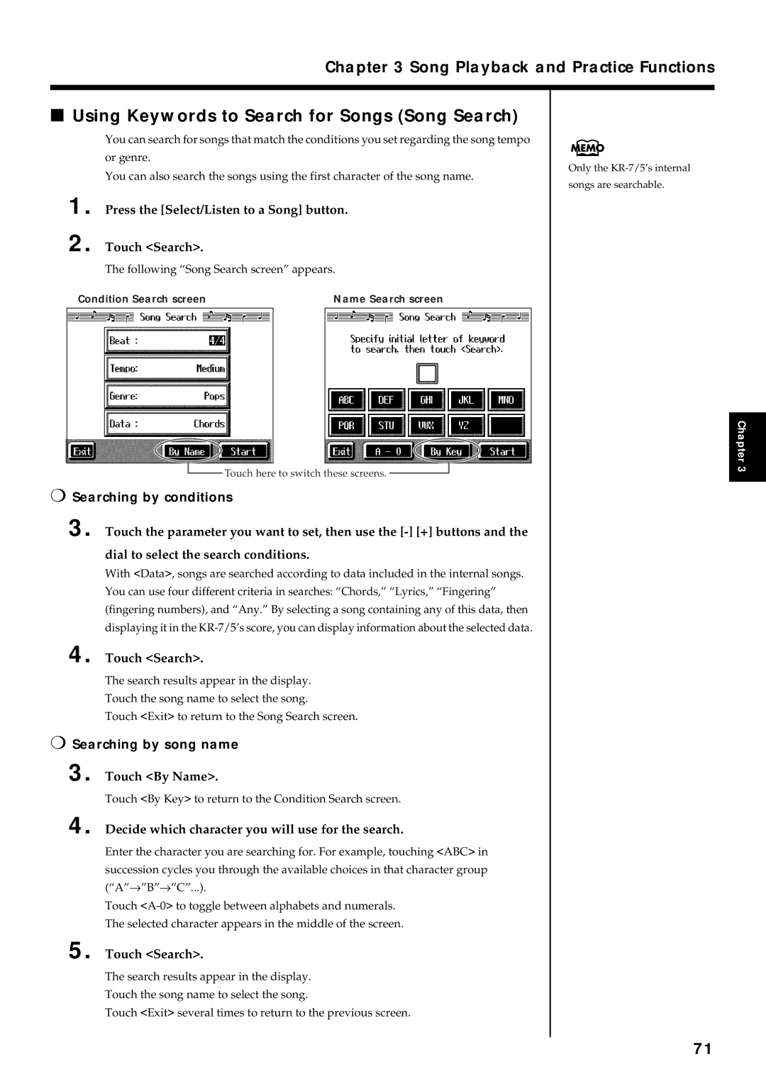 Roland KR7/5 owner manual Press the Select/Listen to a Song button Touch Search, Searching by song name 